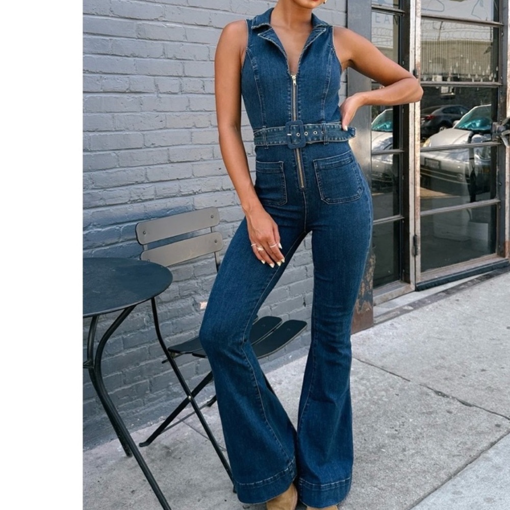 Show Me Your MuMu Blue Denim Flare Jumpsuit